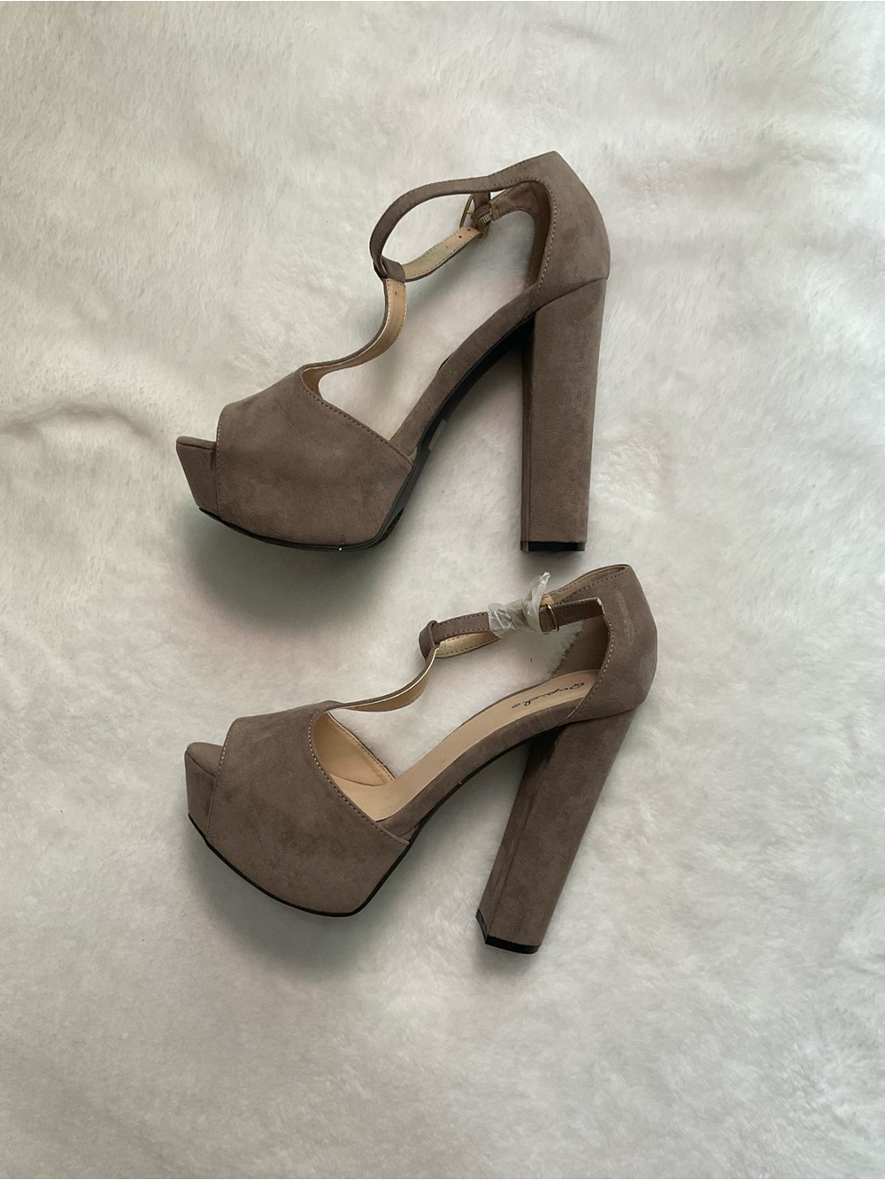 Qupid Taupe Suede Platform T-Strap Block Heels